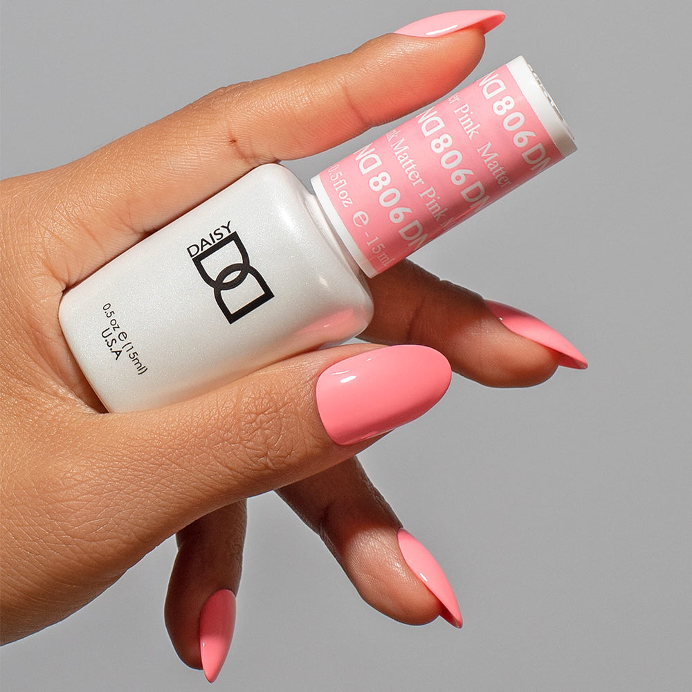 DAISY DND Pink Matter lacquer bottle close-up highlighting glossy air-dry finish.
