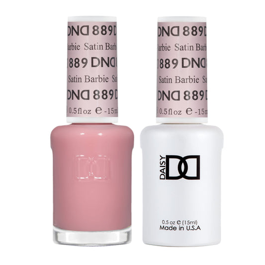 Daisy DND Satin 889 gel polish bottle with sheer rosy pink tone for elegant, long-wearing color.