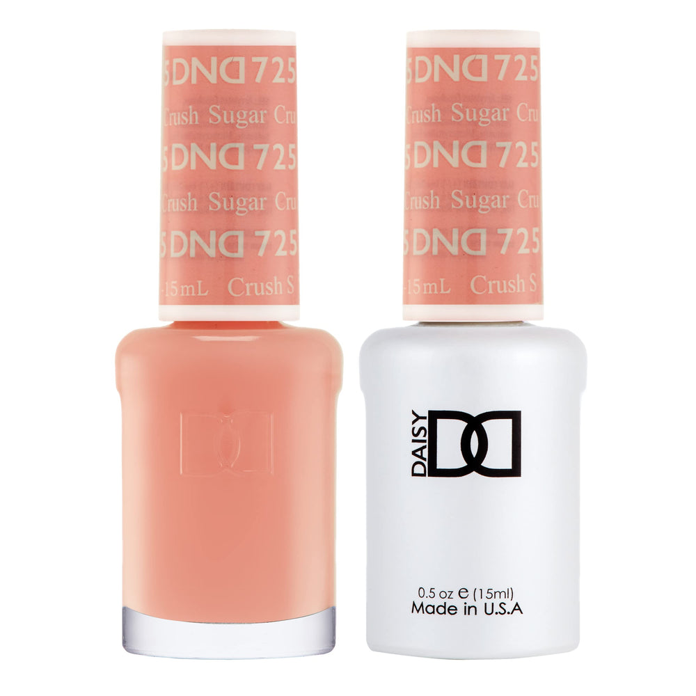 DAISY DND Sugar Crush 725 gel polish bottle, creamy coral pink for long-lasting color.