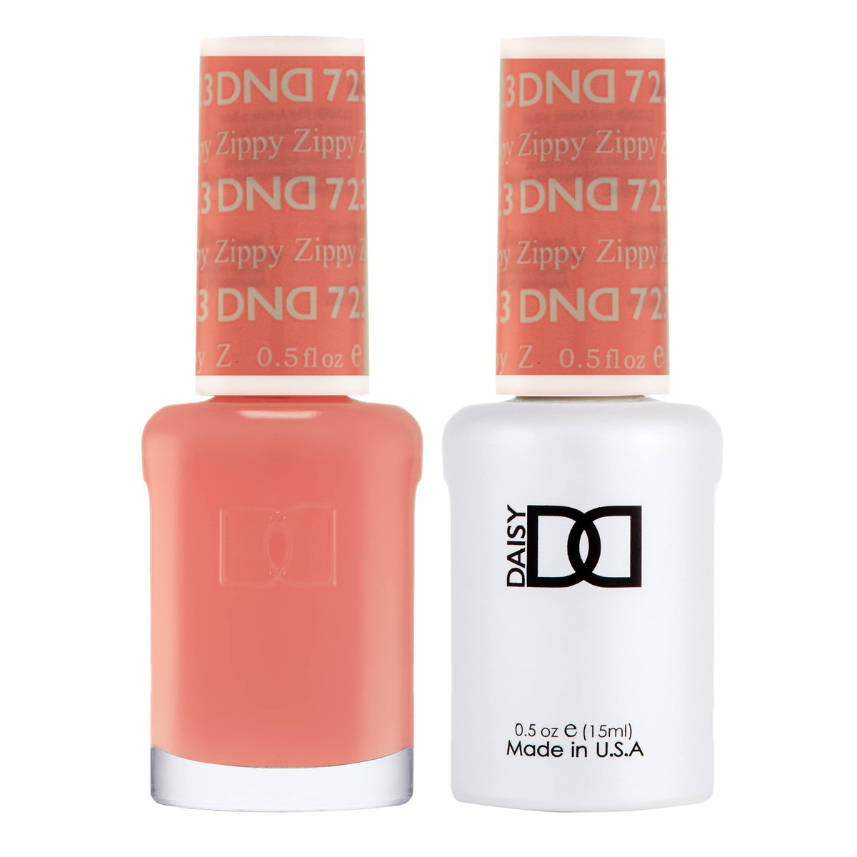Daisy DND Zippy gel polish bottle shows chip-free, long-lasting pink color.