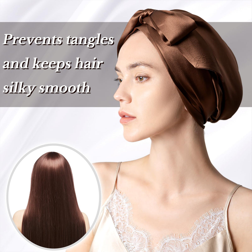 DAISYSILK model wearing bonnet during night proves comfortable all-night use.