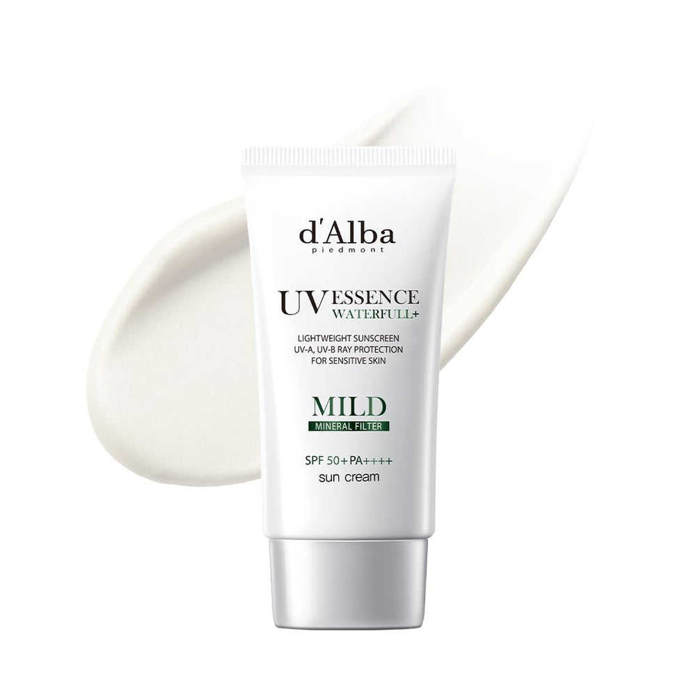 d'alba Piedmont Truffle Waterfull Sunscreen packaging highlights vegan, mineral formula for sensitive skin.