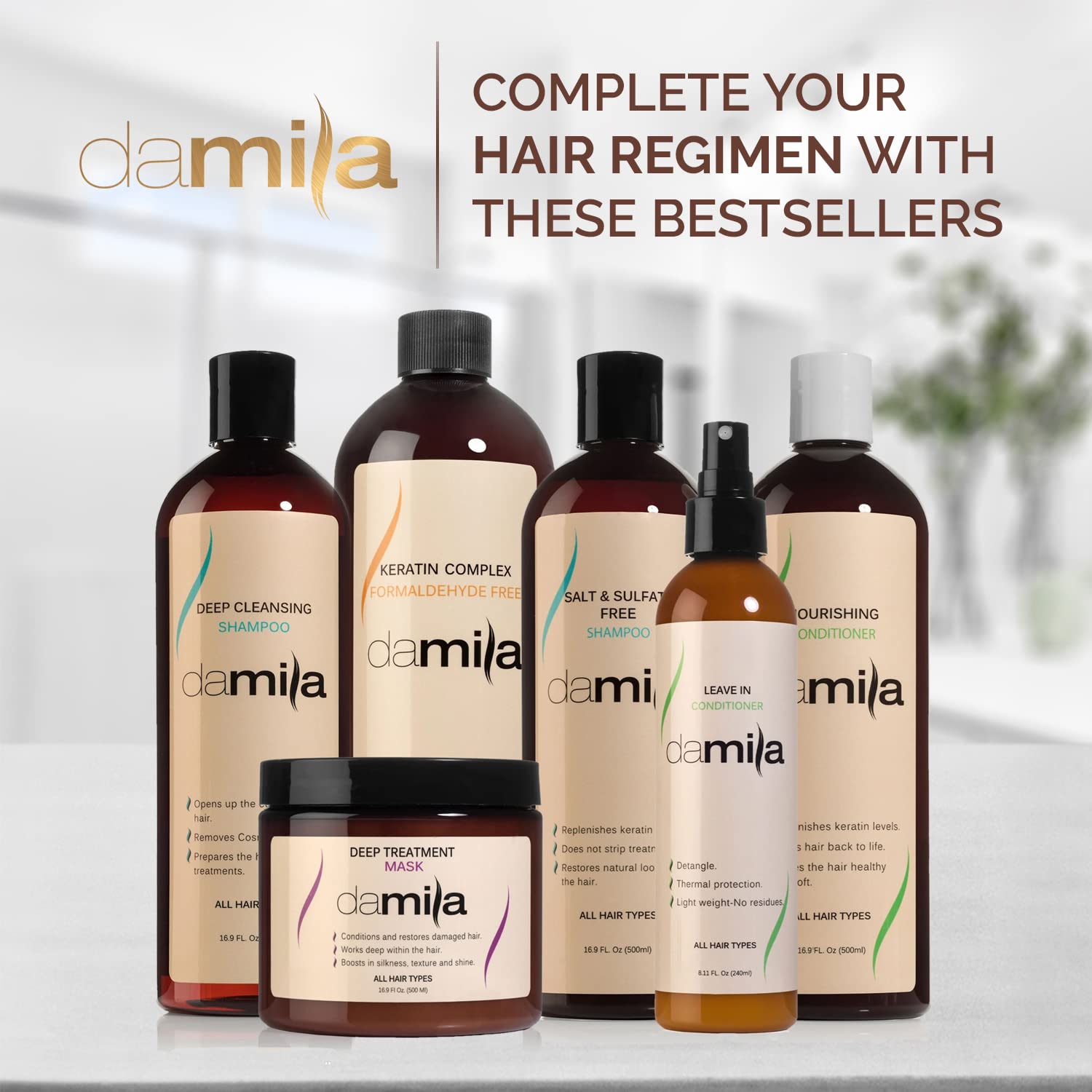 Damila Deep Cleansing Shampoo bottle on sink ready to prep hair for keratin treatment