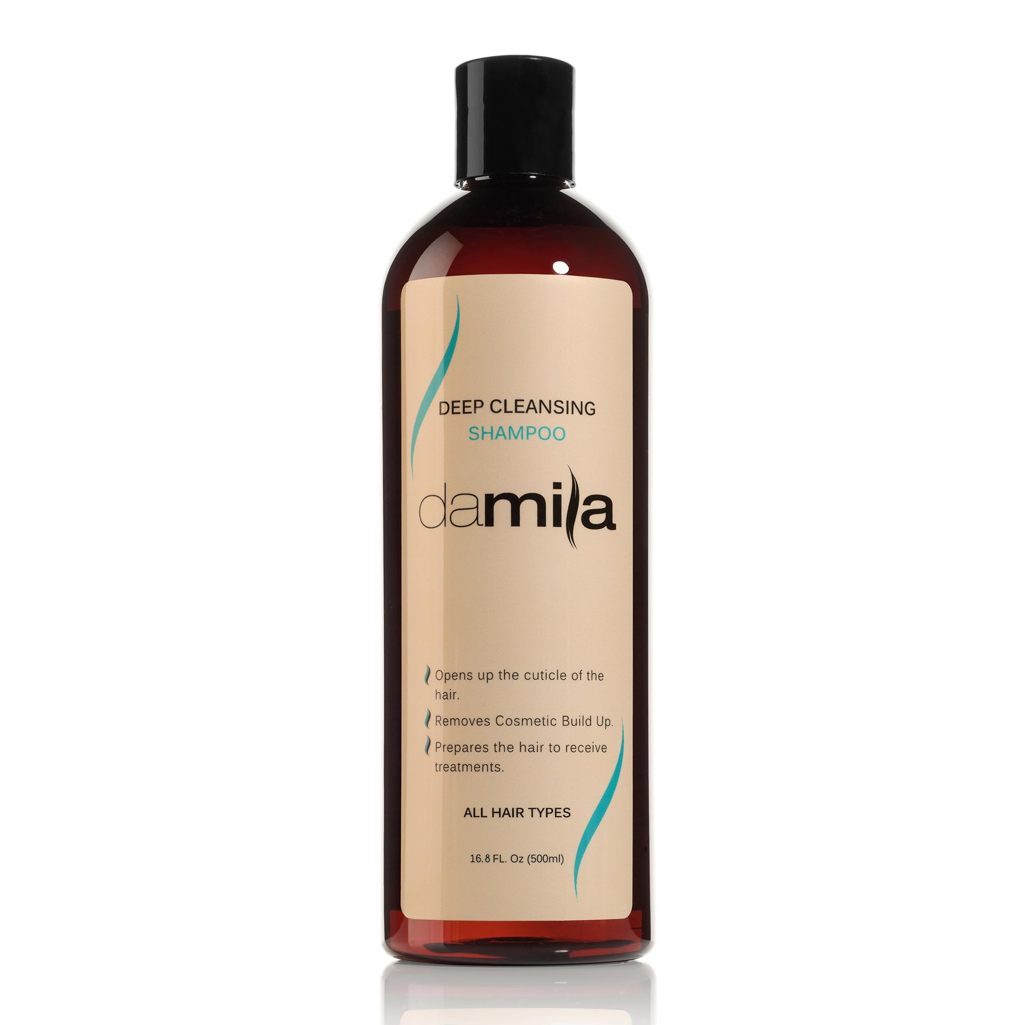 Damila Deep Cleansing Shampoo bottle pouring for deep cleansing and buildup removal.