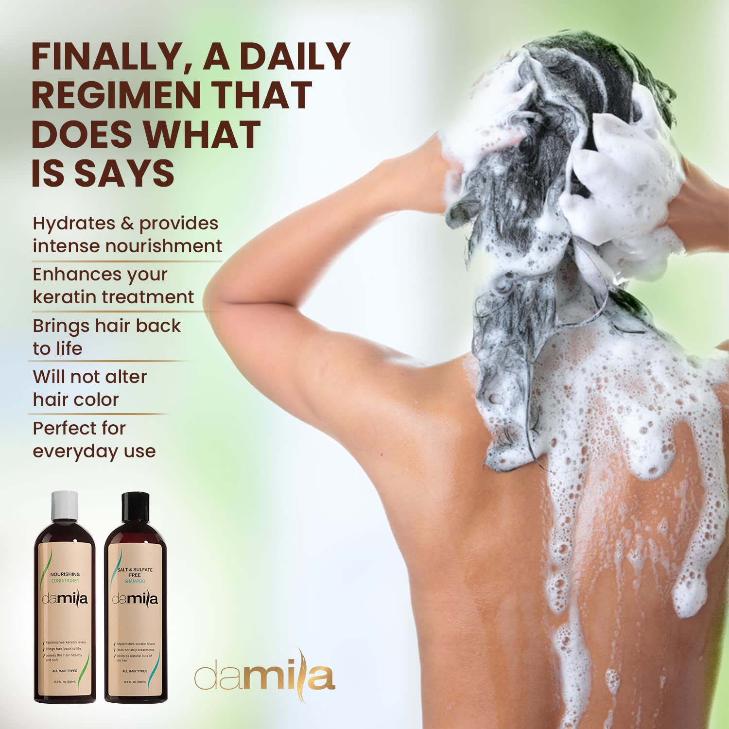 Damila frizz-control hair closeup highlighting smoothing formula.