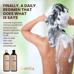 Damila frizz-control hair closeup highlighting smoothing formula.