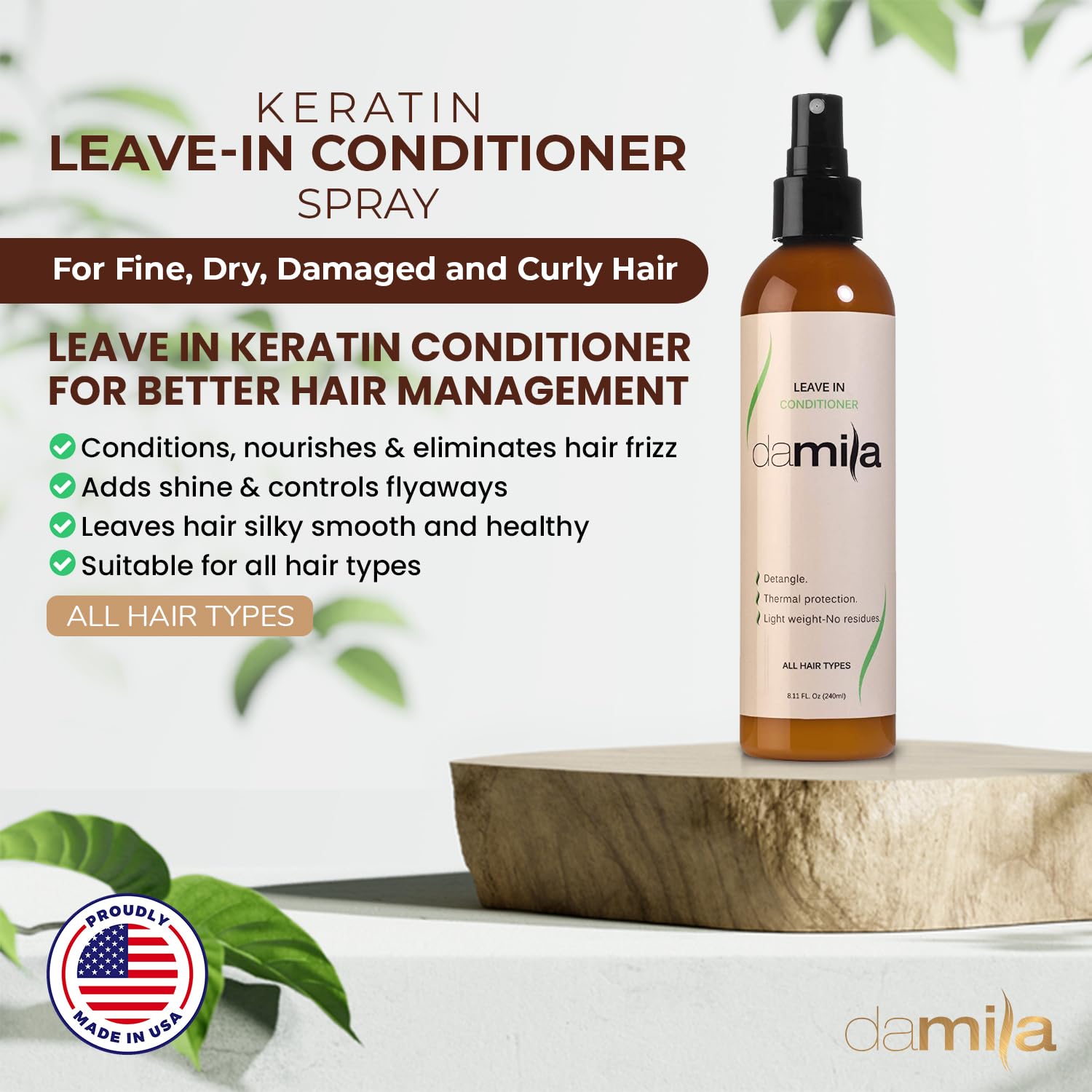 Detangles knots on wet or dry hair with minimal breakage using Damila Keratin spray.