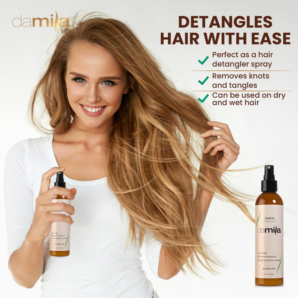 Frizz control and lasting smoothness with Damila Keratin Leave-In Conditioner Spray.