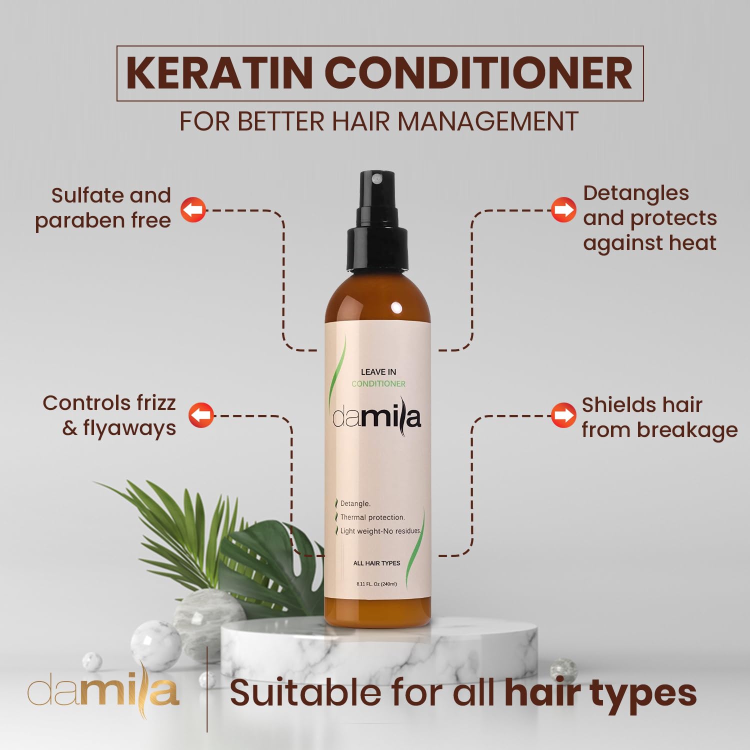 Damila Keratin Leave-In Conditioner Spray is lightweight and residue-free for daily use.