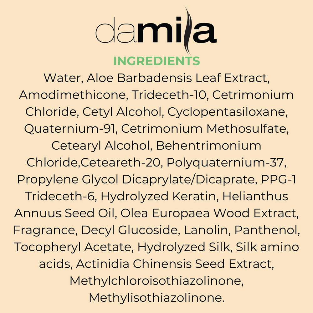 Damila ingredient panel highlights keratin and aloe benefits for hair health