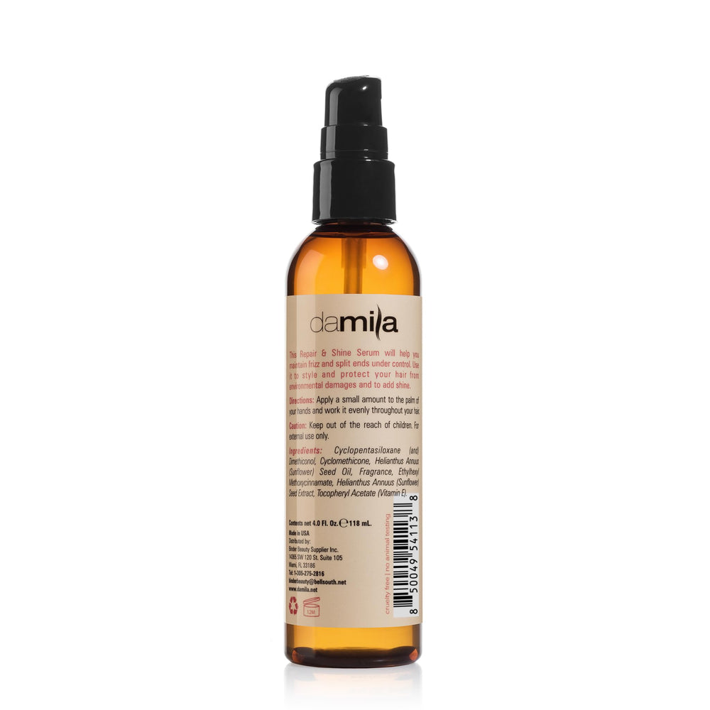 damila Repair & Shine Serum dispenser close-up for quick smoothing and split end care