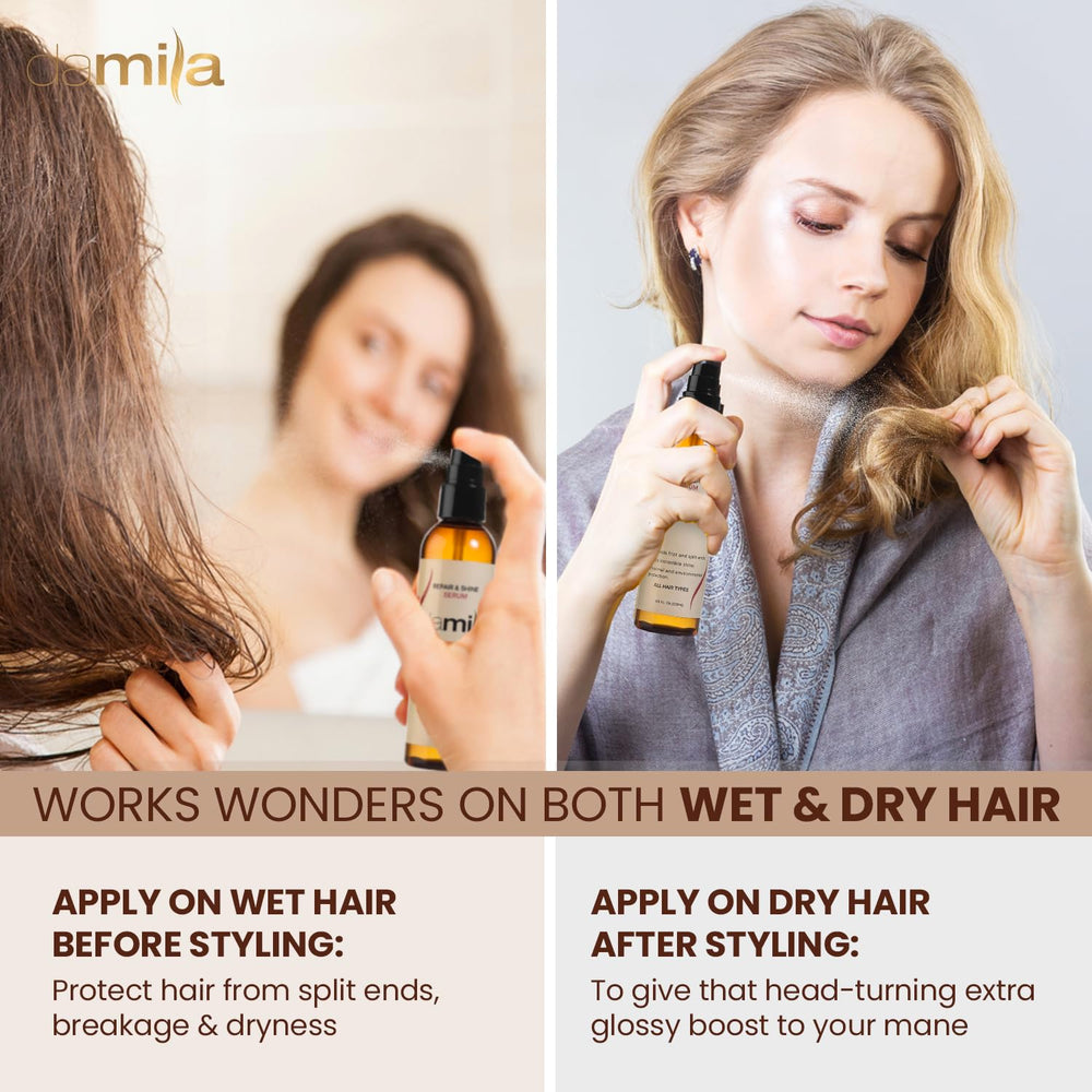 damila Repair & Shine Serum on hair with glossy, silky finish