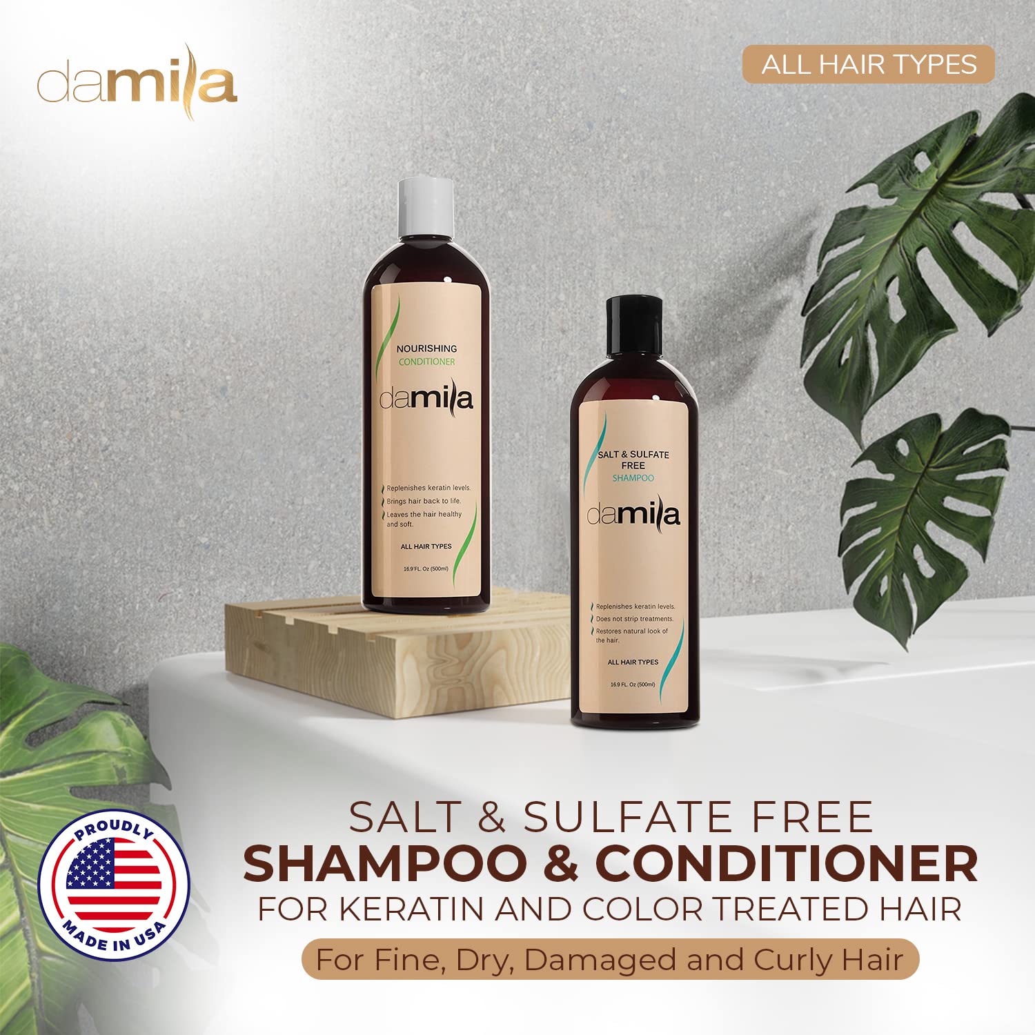 Damila salt-sulfate-free conditioner bottle for frizz control and moisture.