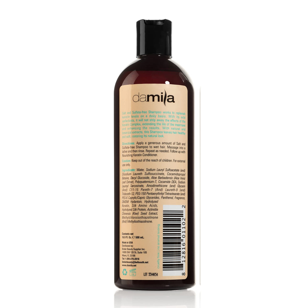 Damila shampoo label closeup highlights sulfate-free formula for damaged, frizzy hair.
