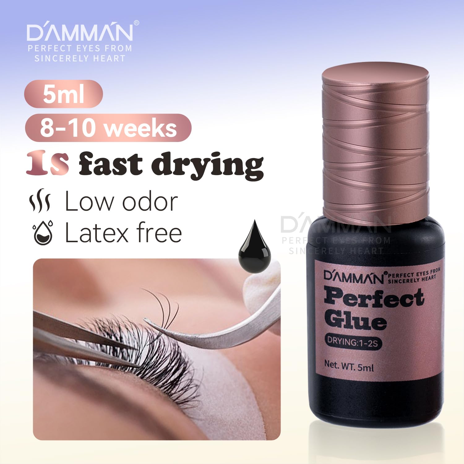 DAMMAN No.12 glue delivers rapid 1-2 second adhesion for efficient lash sets.