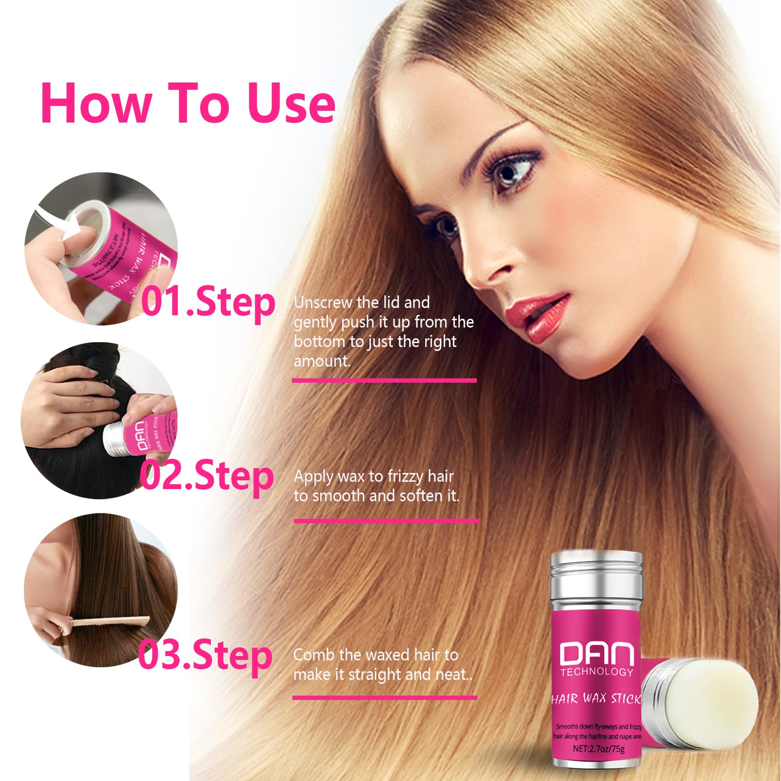 DAN Technology Hair Wax Stick smoothing loose strands into a neat style.