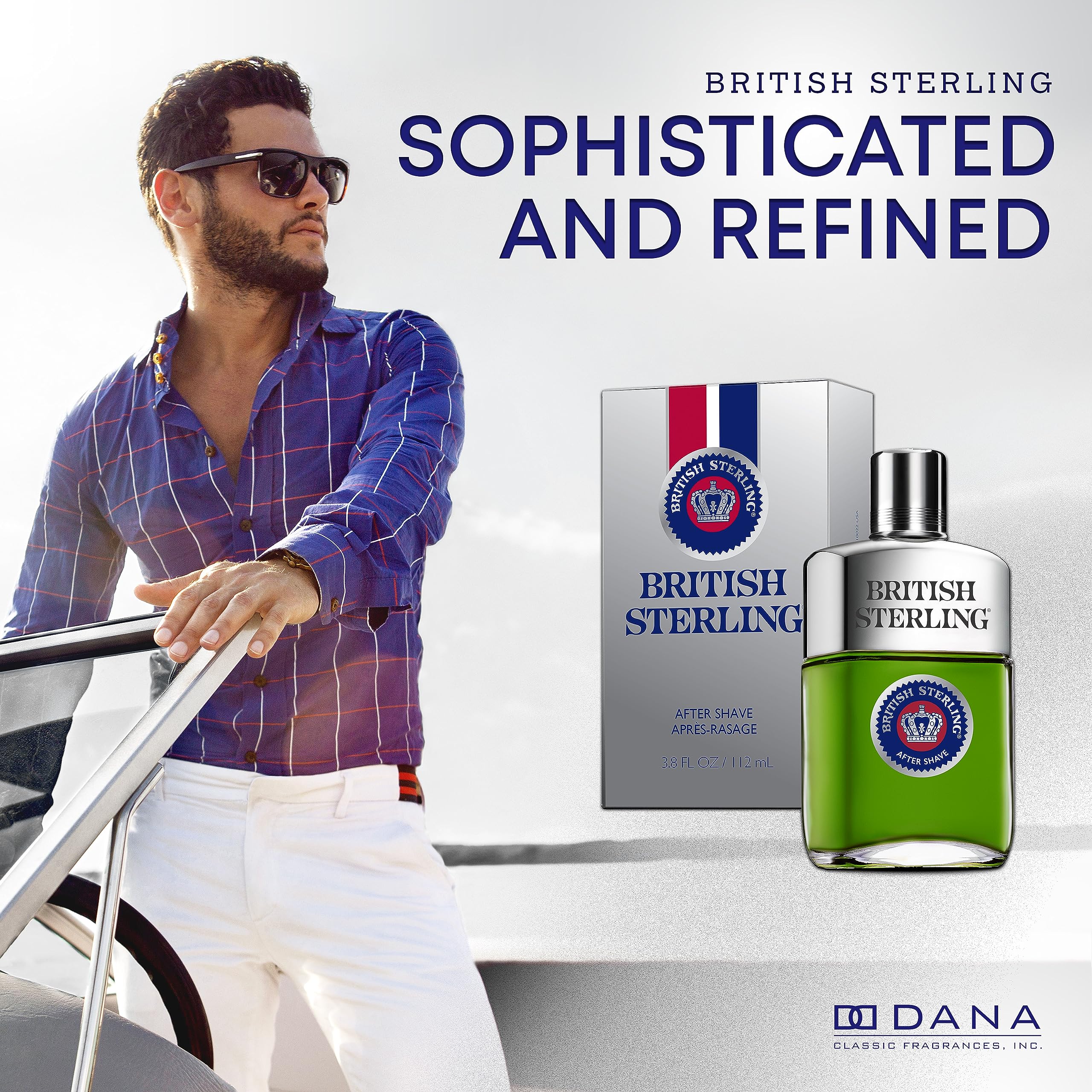Dana British Sterling Aftershave bottle close-up highlighting mint and citrus notes.