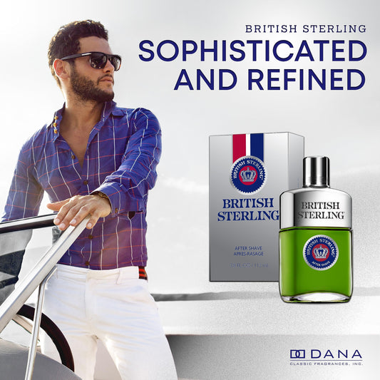 Dana British Sterling Aftershave bottle close-up highlighting mint and citrus notes.