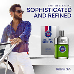 Dana British Sterling Aftershave bottle close-up highlighting mint and citrus notes.