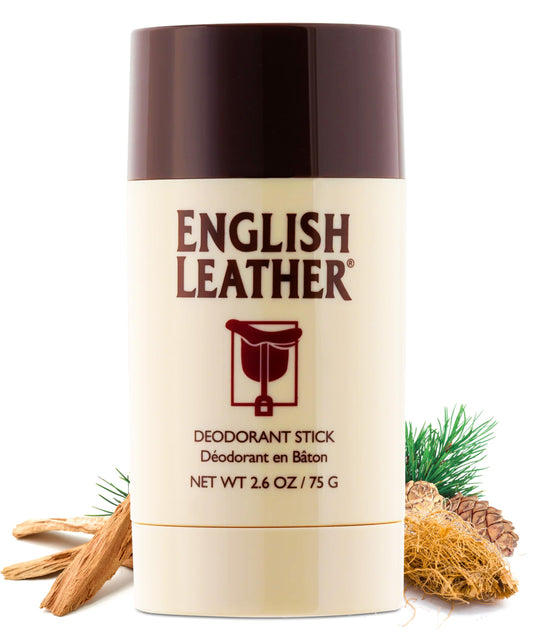 Dana English Leather deodorant bottle shows classic citrus-woody scent for daily freshness.