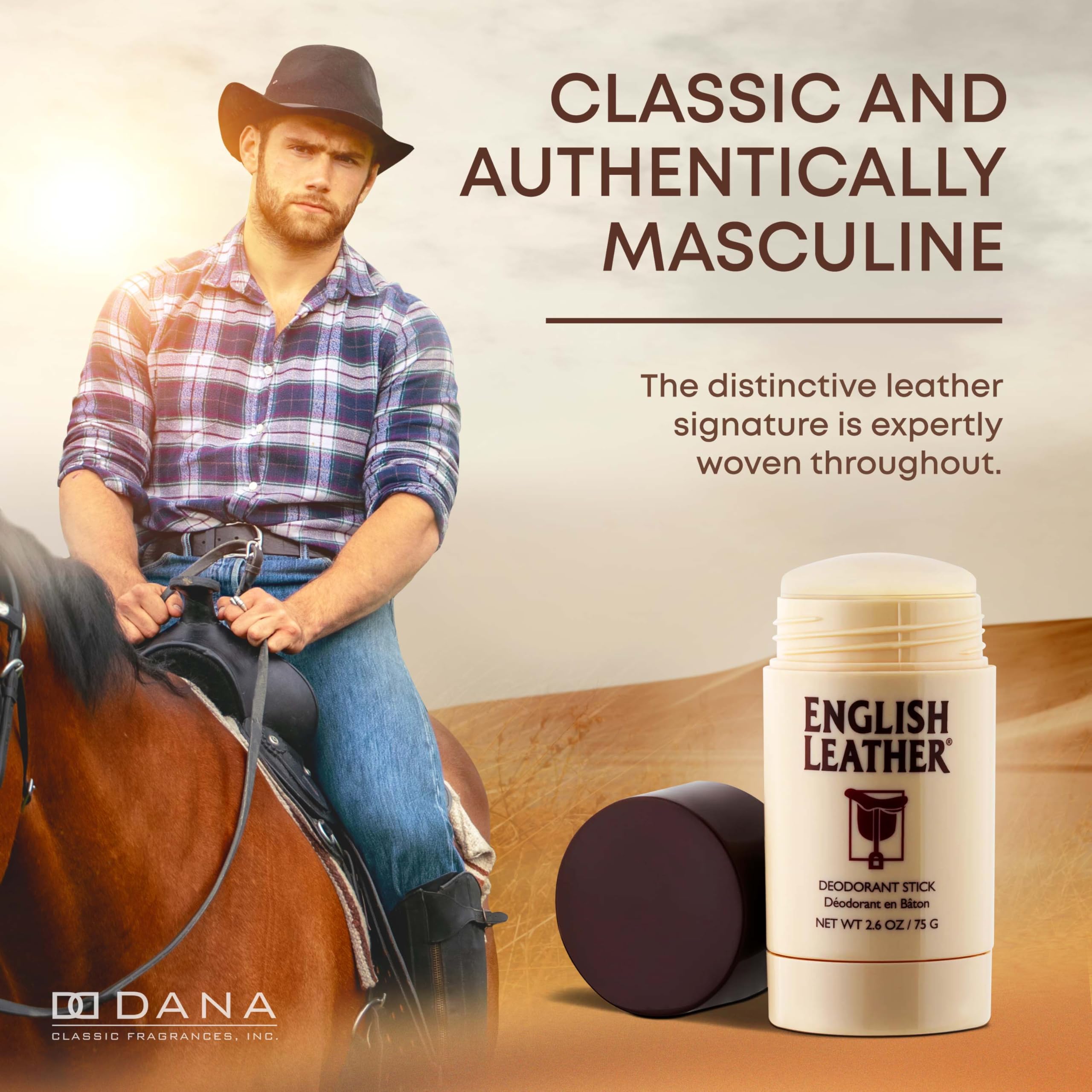 Dana English Leather label detail reveals bergamot and kaffir lime notes.