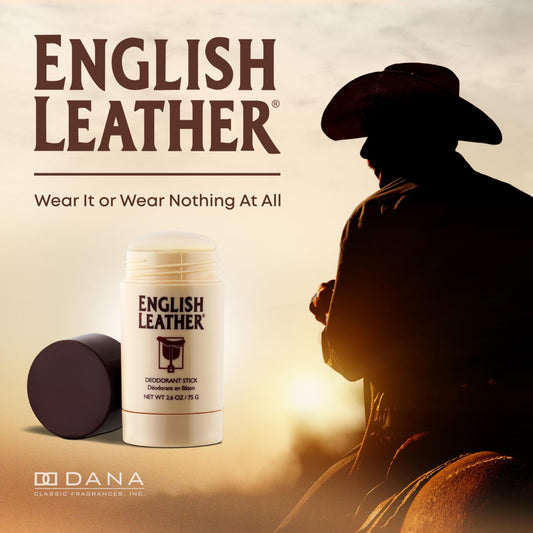 Dana English Leather deodorant stick highlights long-lasting protection for confident all-day wear.