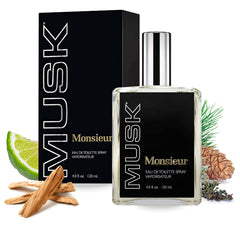 Dana Monsieur Musk EDT bottle front view highlighting fresh green musk