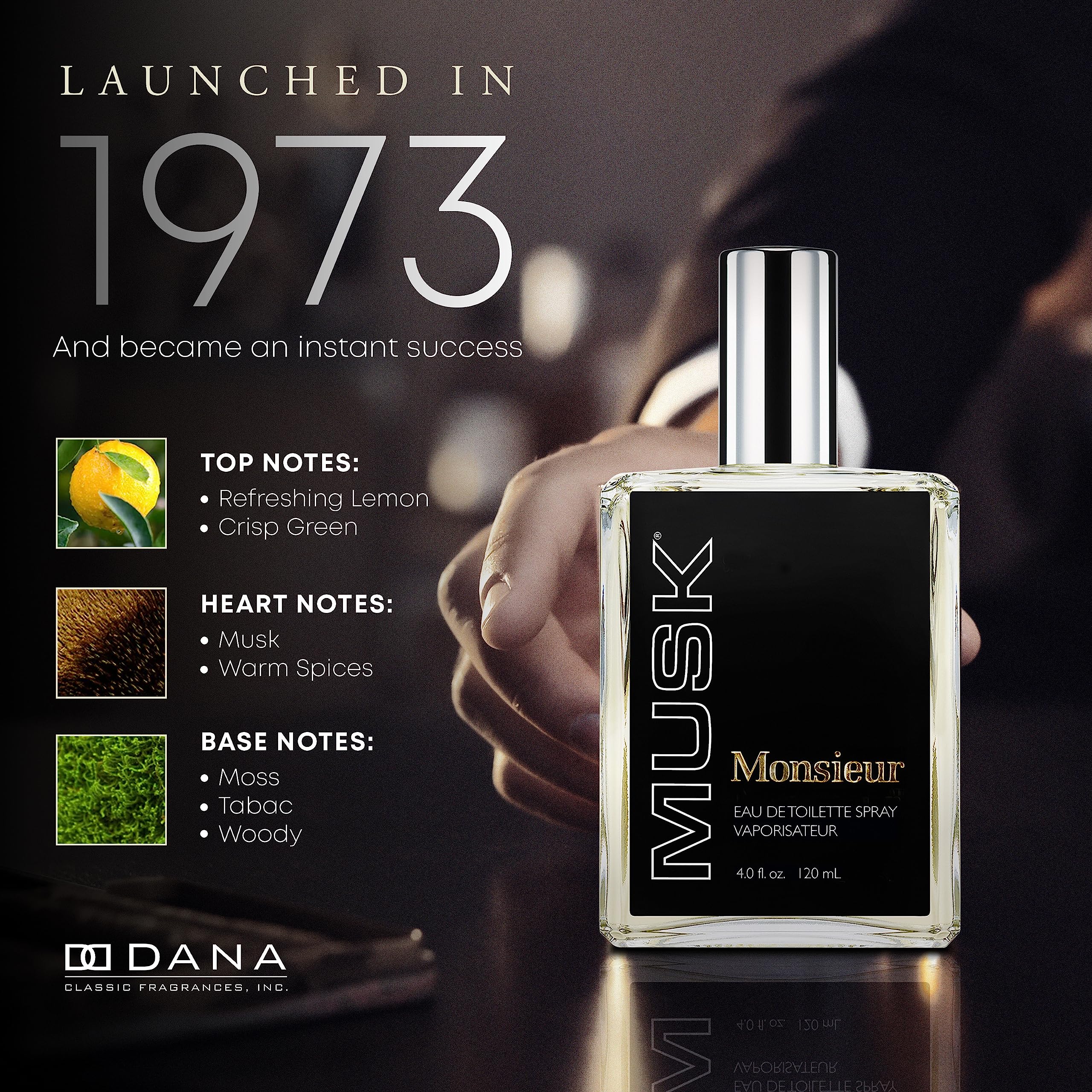 Dana Monsieur Musk bottle on wood surface suggests versatile daily wear