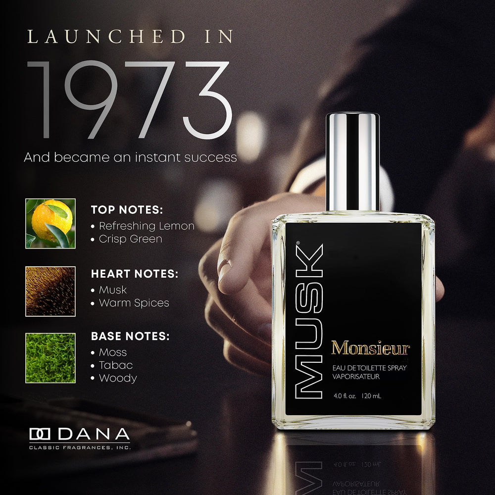 Dana Monsieur Musk bottle on wood surface suggests versatile daily wear