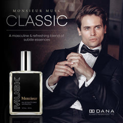 Dana Monsieur Musk EDT bottle side profile with woody spice hints