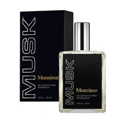 Dana Monsieur Musk for Men bottle front view, sleek masculine fragrance for daily wear.