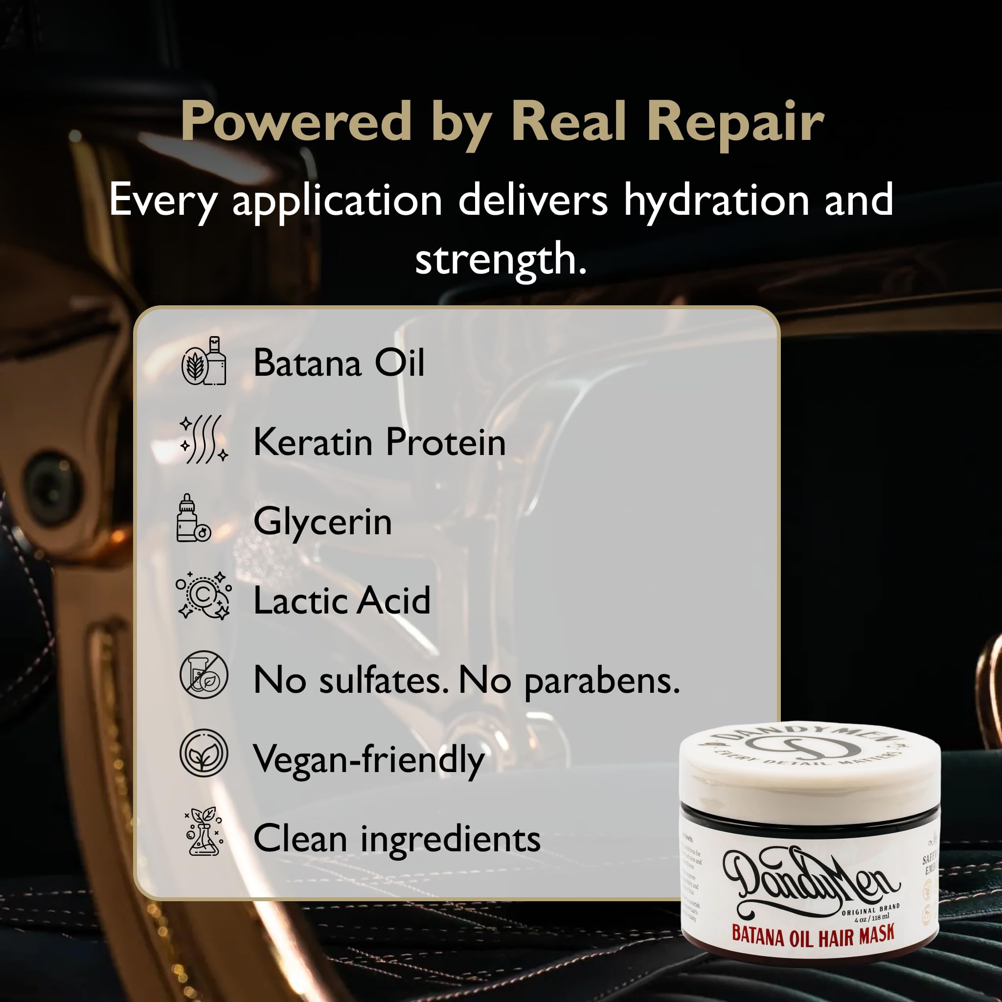 DandyMen Batana Oil Hair Mask ingredients section featuring Batana Oil and antioxidants.