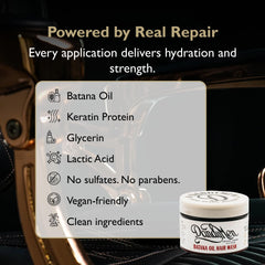 DandyMen Batana Oil Hair Mask ingredients section featuring Batana Oil and antioxidants.