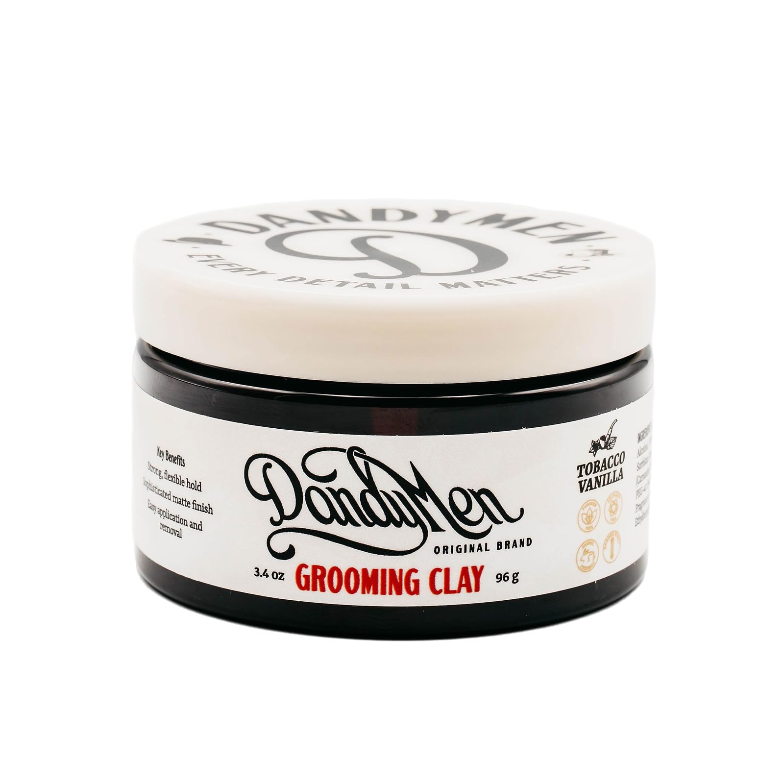 DandyMen Grooming Clay strong hold image emphasizing all-day style control.
