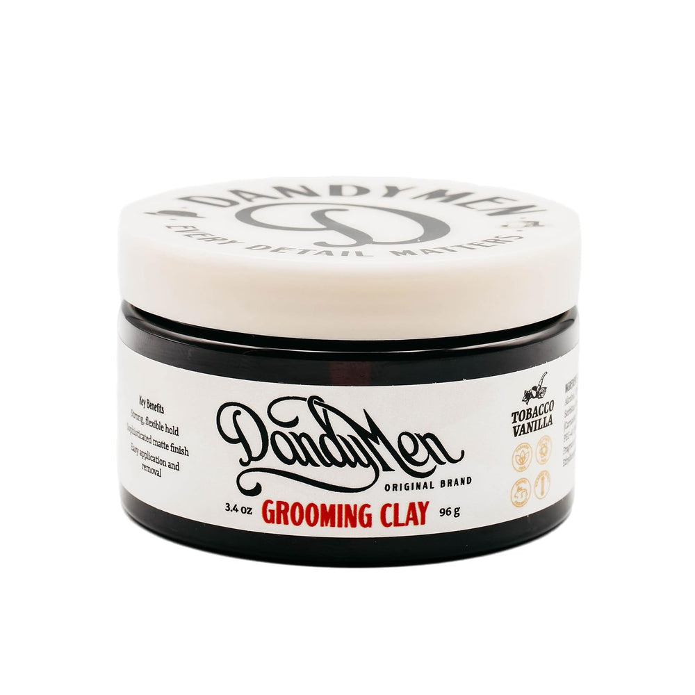DandyMen Grooming Clay strong hold image emphasizing all-day style control.