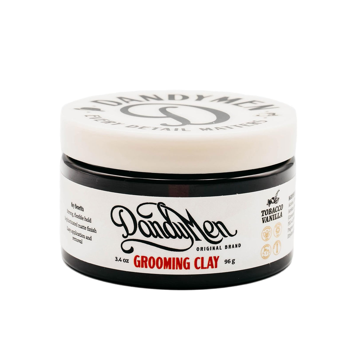 DandyMen Grooming Clay strong hold image emphasizing all-day style control.