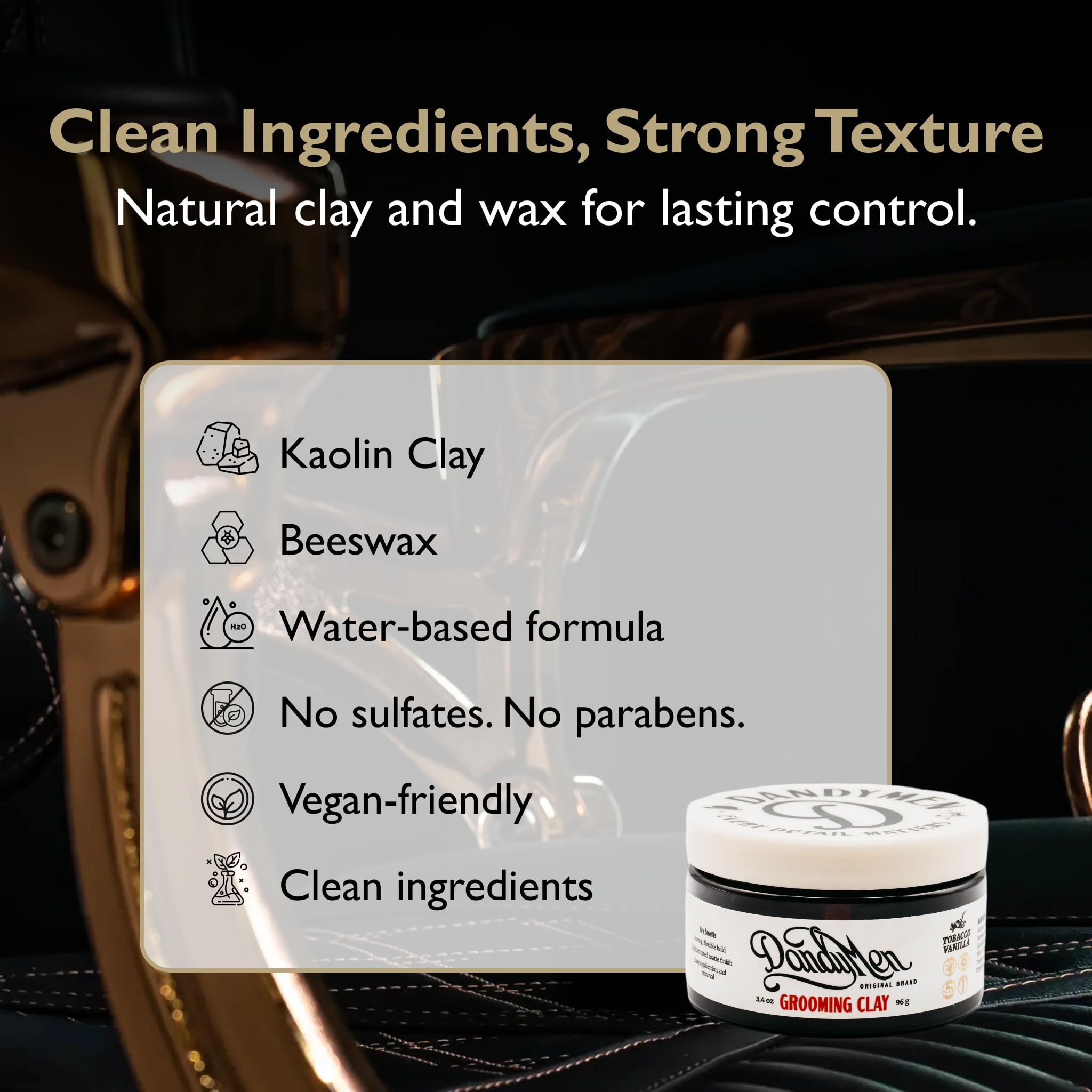 DandyMen Grooming Clay tobacco vanilla scent profile for masculine, refined fragrance.