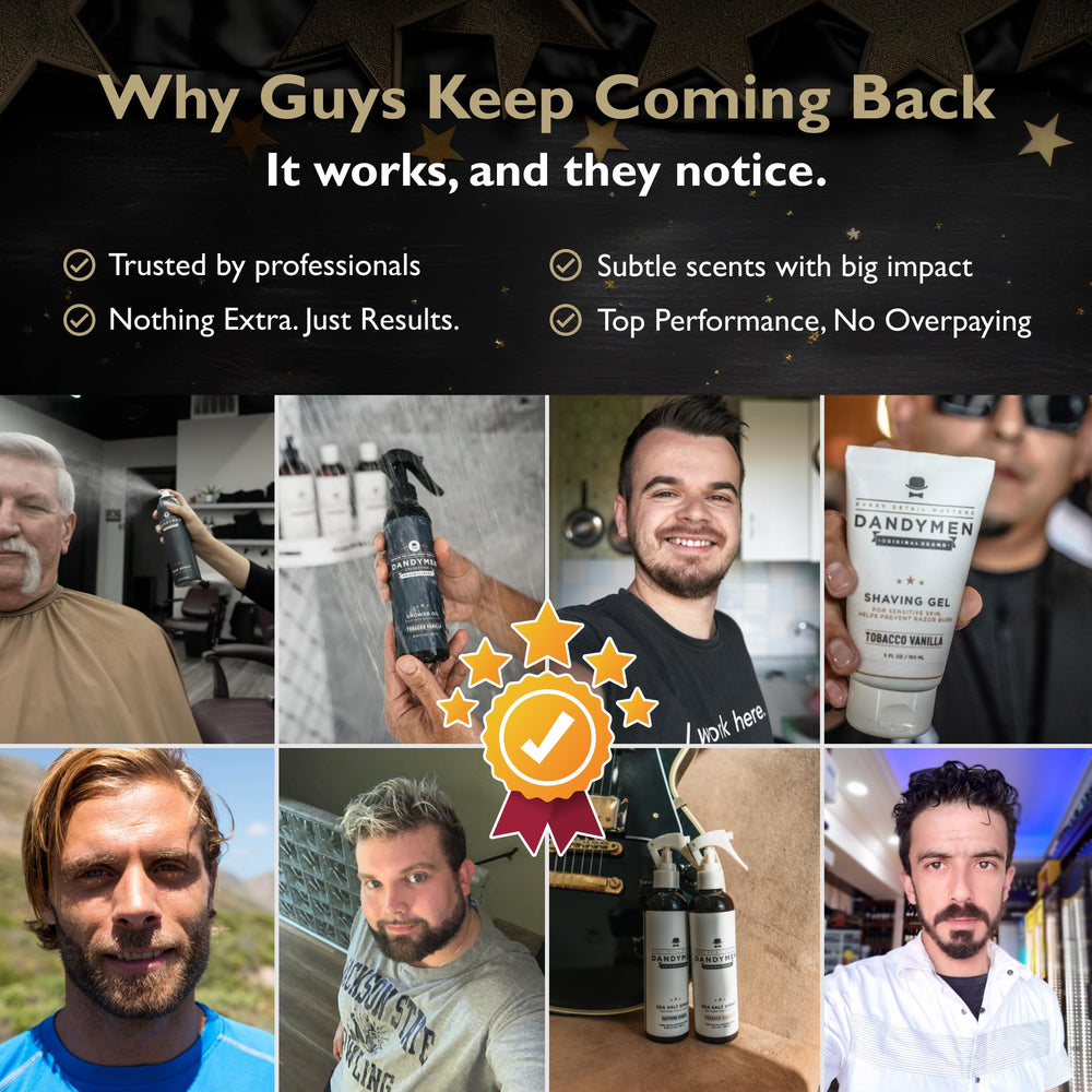 DandyMen Obsidian Cardamom four-piece set signaling convenient refreshed hair and skin care