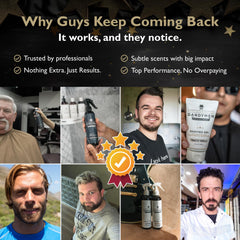 DandyMen Obsidian Cardamom four-piece set signaling convenient refreshed hair and skin care