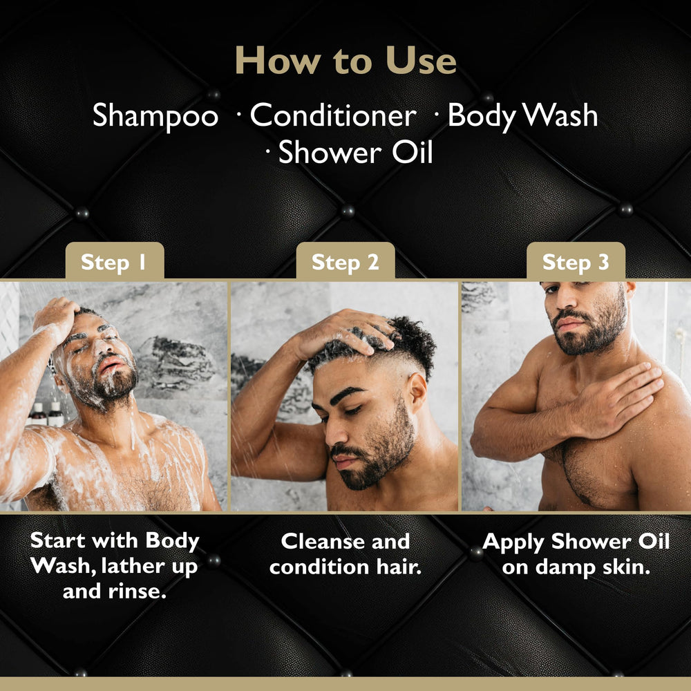 DandyMen Obsidian Cardamom grooming set on sink ready for daily routines