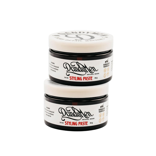 DandyMen Styling Paste bottle front shows versatile hold and natural shine.