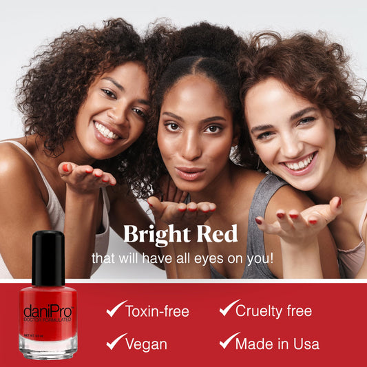 close-up of daniPro First Kiss swirled bright red polish