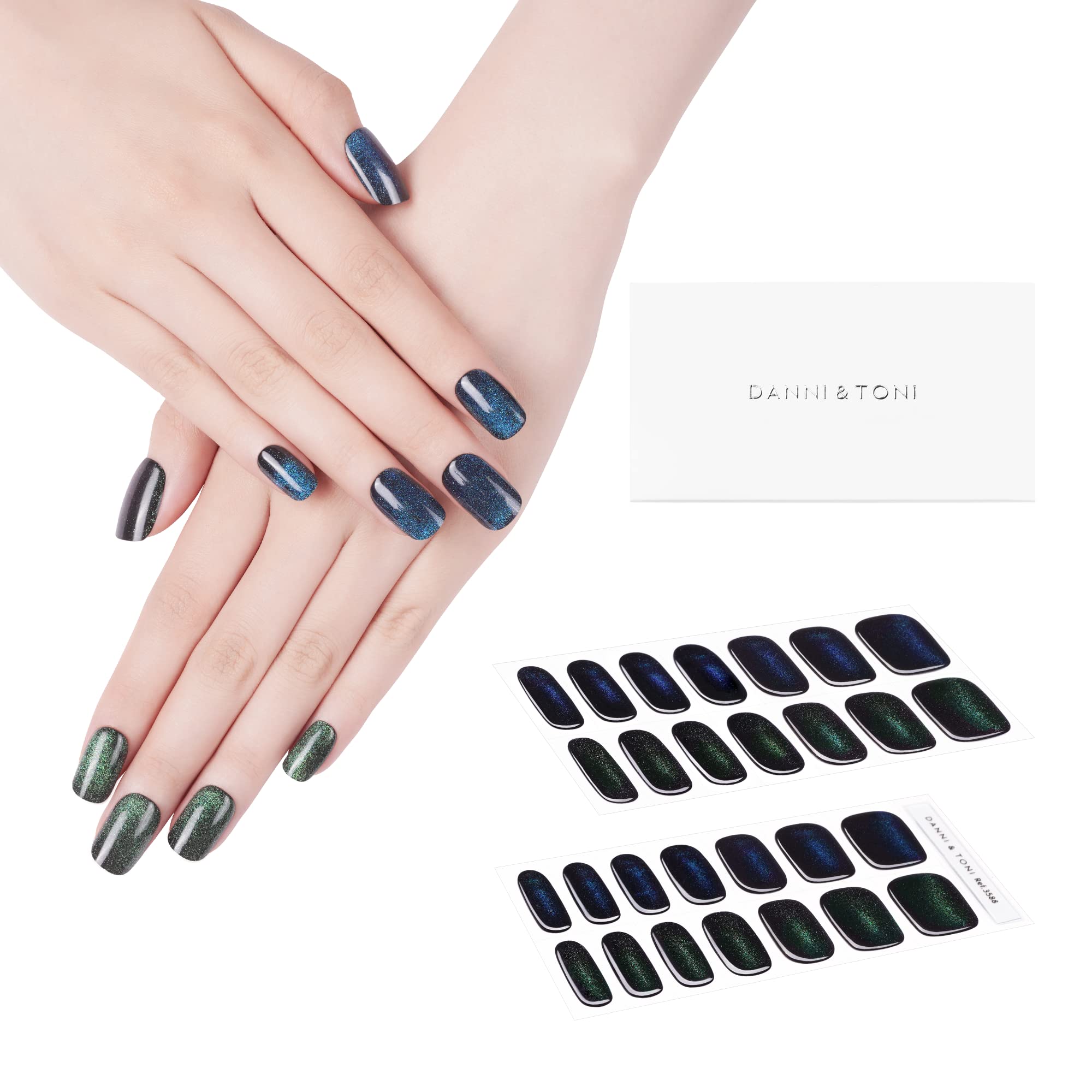 DANNI and TONI cat-eye Oceanic Panther wraps with deep blue-green shimmer for at-home glamour.
