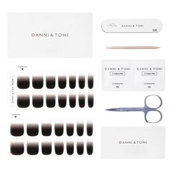 DANNI & TONI salon-style manicure at home with glossy black ombre wraps.