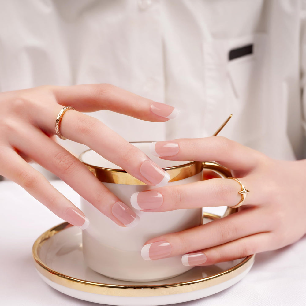 DANNI & TONI semi-cured gel nail wraps in classic French white tips for a clean manicure.