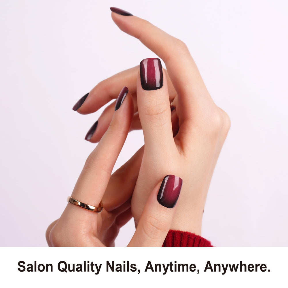 DANNI & TONI gel nail strips show a glossy black wine red ombre finish.