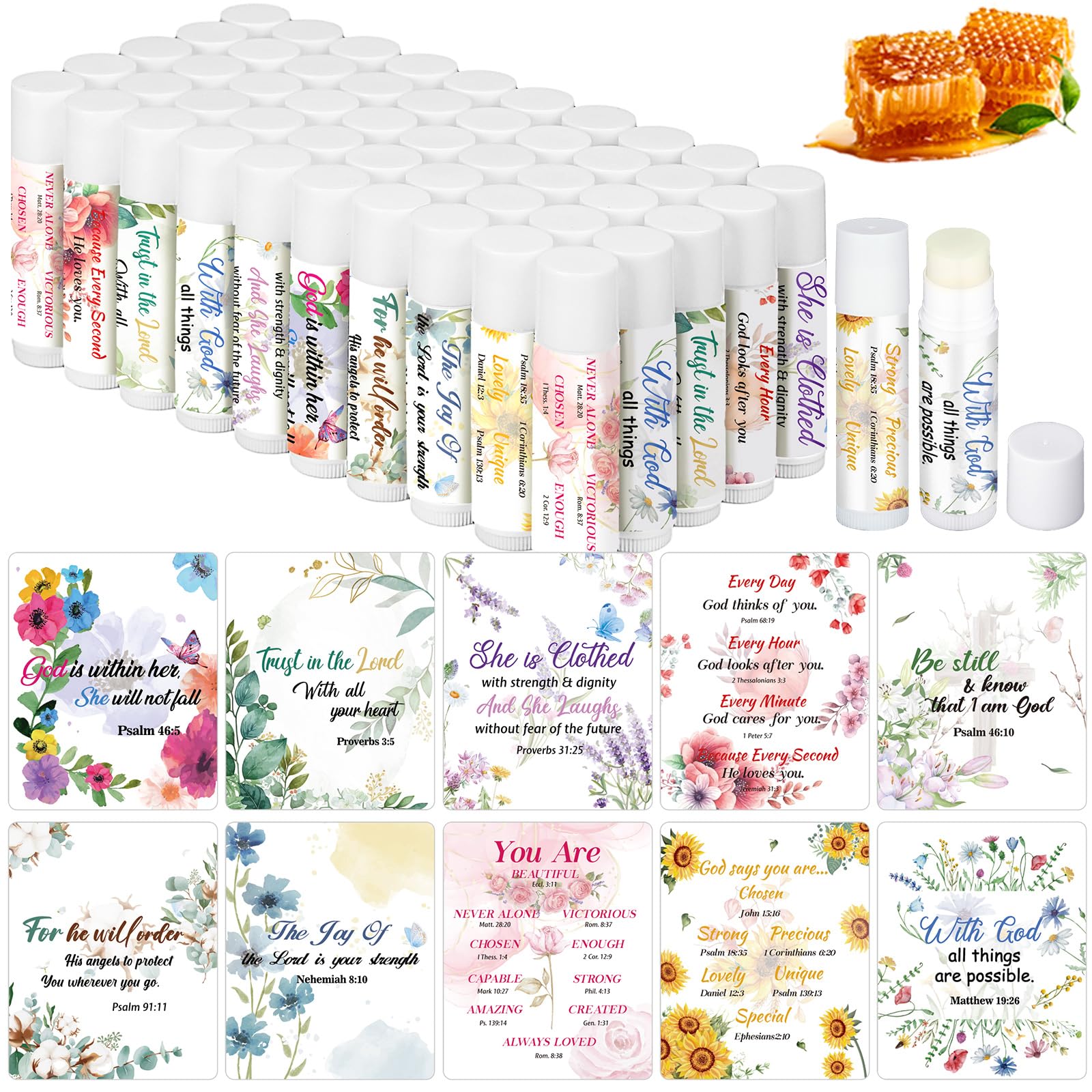 Dansib Bible verse floral lip balm pack shown for gifting at events.