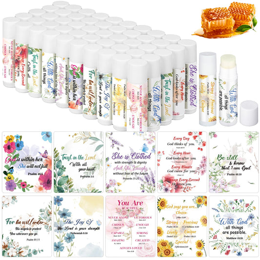 Dansib Bible verse floral lip balm pack shown for gifting at events.