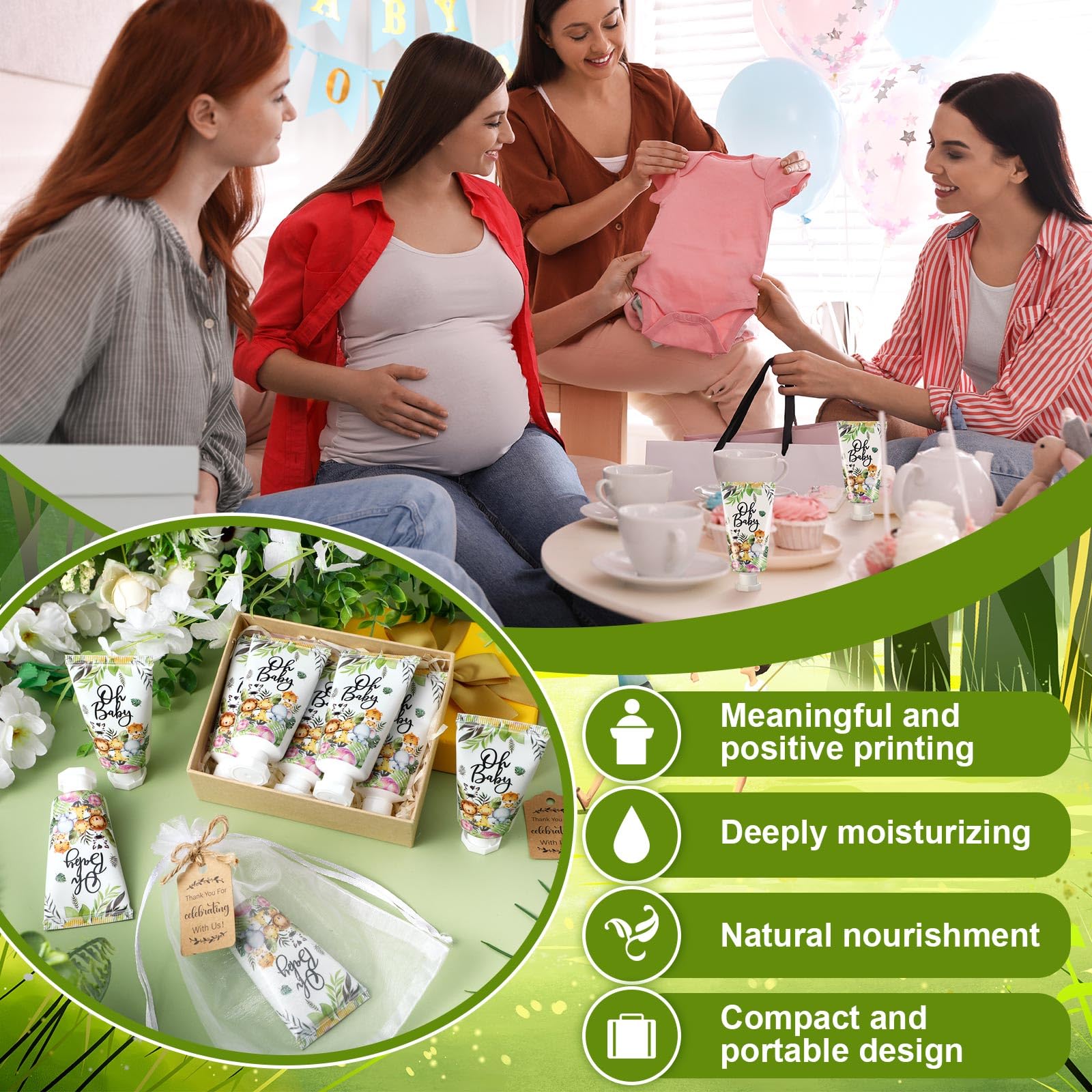 Dansib display showing animal-design hand cream set for baby shower tables.