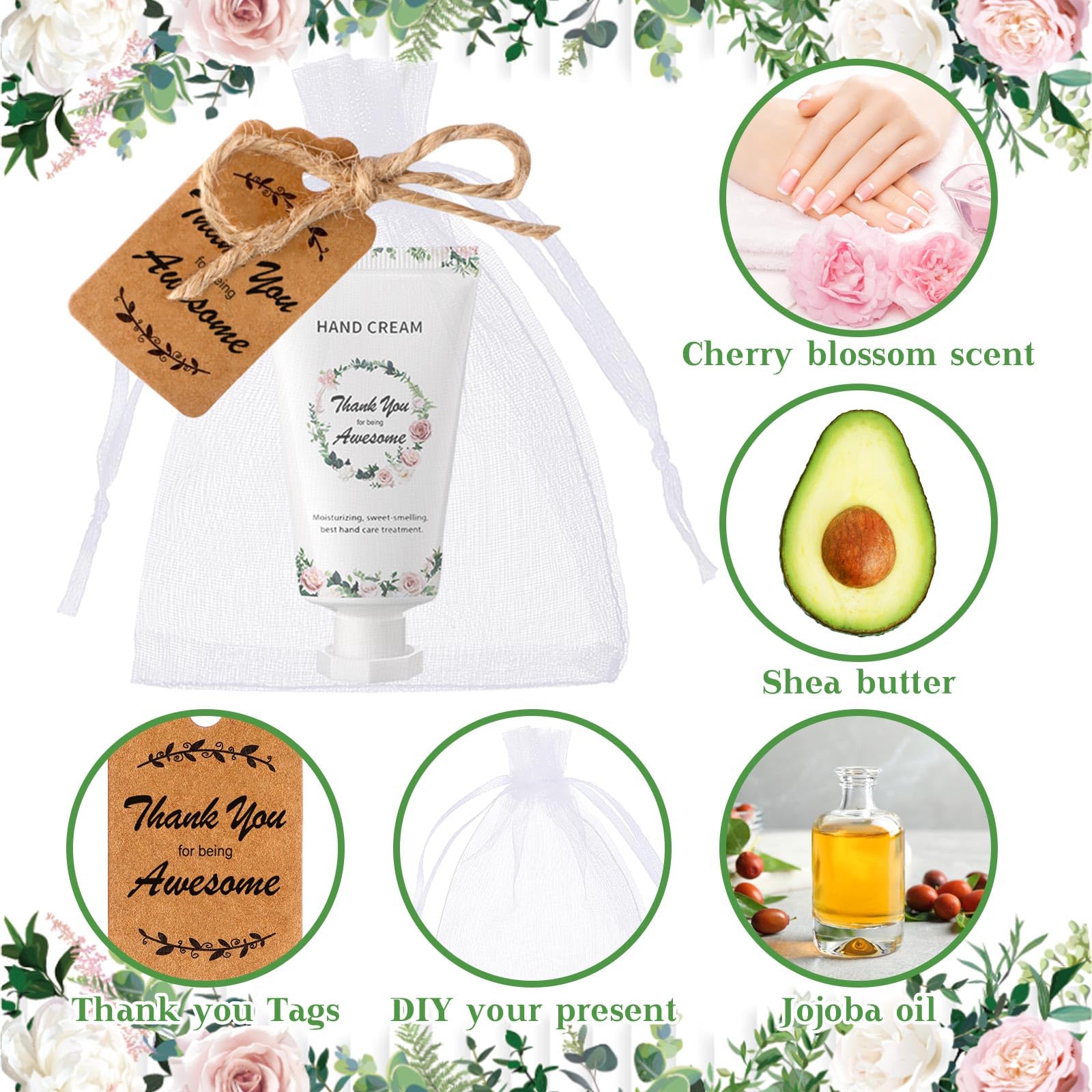 Dansib organza bag packaging shown with compact hand creams for gifting.